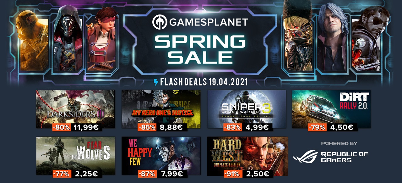 Day 4 of Spring Sale with over 2,300 discounted games and daily flash deals, including Darksiders 3 for € 11.99 and BattleTech for € 9.50