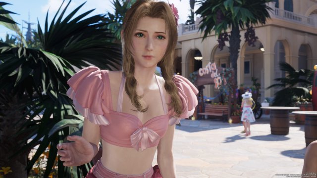 In Costa del Sol you can unlock beach outfits for Cloud and his companions. For Aerith I chose something a little more modest...