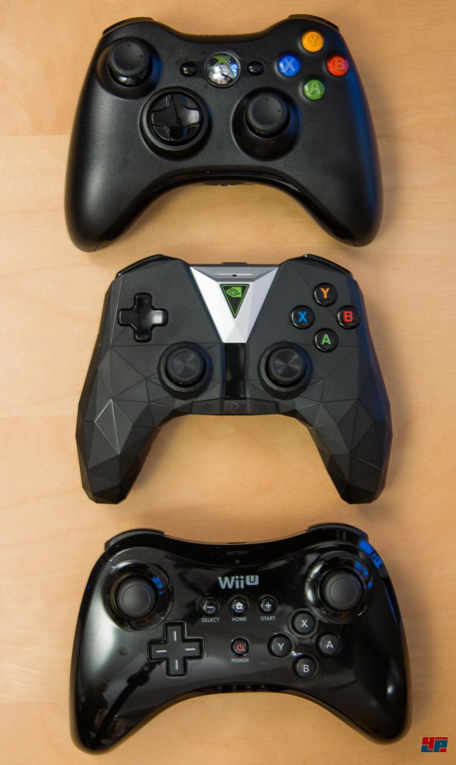 Controller im Vergleich: Xbox 360 (Oben), Shield (Mitte) und Wii U Pro (Unten)