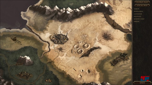 Ein Blick auf die Weltkarte: Man kann nicht aktiv reisen wie in Wasteland 2, sondern klickt auf entdeckte Orte.