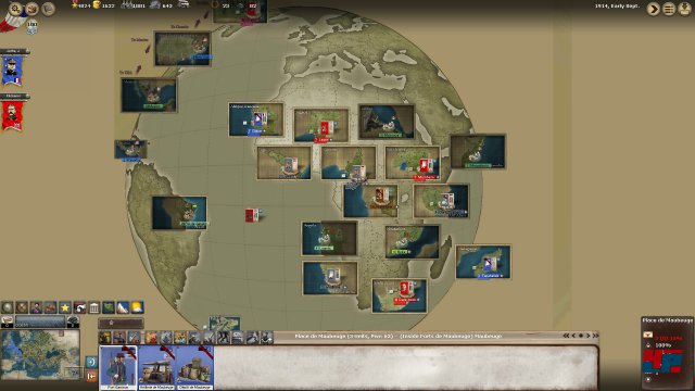 Weltkrieg: Die entlegenen Schaupltze in Afkrika und Asien werden in kleinen Fenstern auf der Karte dargestellt. 