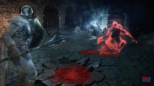 Blutlachen deuten auch in Dark Souls 3 auf den Tod eines Spielers hin. Wie er gestorben ist, erfährt man in einem kurzen Rückblick, wenn man sie berührt. Screenshot - Dark Souls 3 (PC)