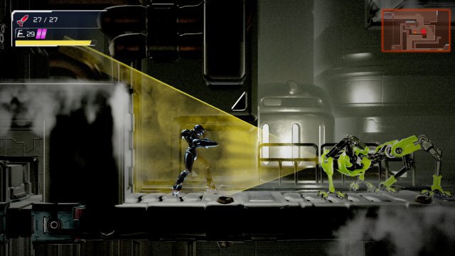 Gestatten, E.M.M.I.: Der Wachroboter scannt die Umgebung. Samus wird von ihrer Phantom-Cloak-Tarnung geschtzt - die gelbe Leiste oben, zeigt an, wie lange die Energie dafr noch hlt.