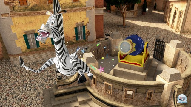 Marty kann sich auf hohe Trme schieen lassen. Vorher muss die zweite Figur oft Schalter umlegen, sonst klatscht das Zebra gegen eine verschlossene Tr.