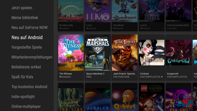 In der NVIDIA Games App werden Android-Titel, GameStream-Spiele und GeForce-Now-Games aufgelistet.