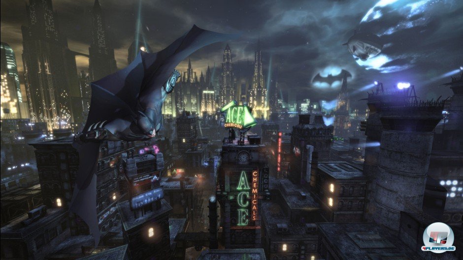Batmans neuer Greihaken beschleunigt ihn weit ber die Dcher der Stadt - eine tolle Art, sich fortzubewegen!