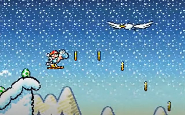 Der hellblaue Yoshi a.k.a. Johnny mit Baby Mario auf einem Skisprung ins Ungewisse.