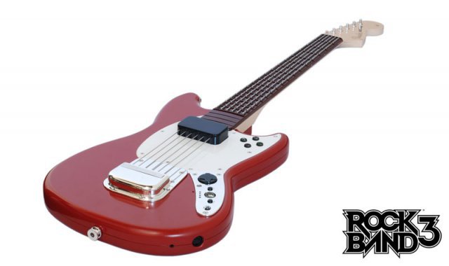 Weil die Abfrage echter Instrumente "zu kompliziert sei", wird fr Rock Band 3 eine "Pro"-Plastikgitarre mit ber 100 Knpfen angeboten.