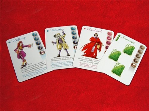 Es gibt 110 Karten, darunter vier Edelsteinsorten und Charaktere, die man entweder sofort oder beim Verkauf spielen kann.