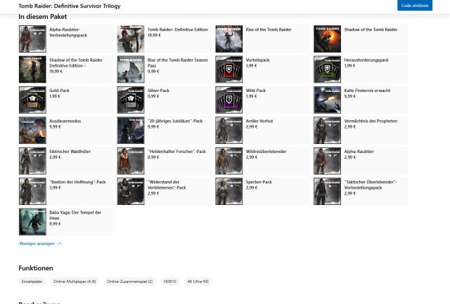 Übersicht über die Inhalte der Tomb Raider: Definitive Survivor Trilogy; Leak im Microsoft Store
