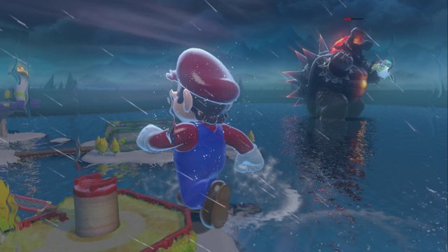 Bowsers strmisch-verregnete, von Feuerattacken geprgte Angriffsphasen kann Mario beenden, wenn er selber zum Riesen wird.