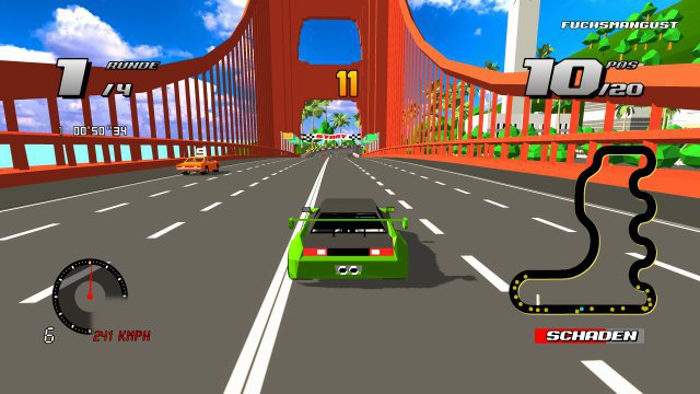 Pflichtprogramm in einem Arcade-Rennspiel: Fahrt über eine virtuelle Golden-Gate-Bridge-Variante.