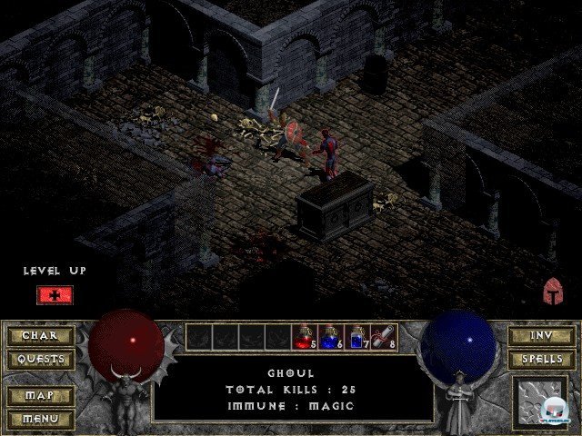 <b>Diablo</b><br><br> Blizzards Action-Rollenspiel Diablo aus dem Jahr 1996 war zwar kein klassisches Roguelike, baute aber auf dem Prinzip auf und machte es massentauglich: Schlielich schnetzelte man sich auch hier durch immer strkere Monster, schnappte sich Schtze und erledigte Quests in zufallsgenerierter Umgebung. 92413762