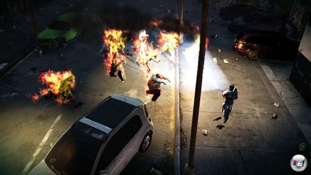 Zombies an hupende Autos locken, dann die Explosion einleiten...auf der PlayStation 4 luft Dead Nation auf PS4 erstmals in 1080p, wurde aber grafisch nur leicht verfeinert.