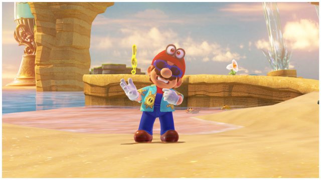 Wenn die Sonne zu stark vom Himmel scheint, kommt sogar Tausendsassa Mario ins Schwitzen. Gut, dass er bereits die passende Brille trgt.