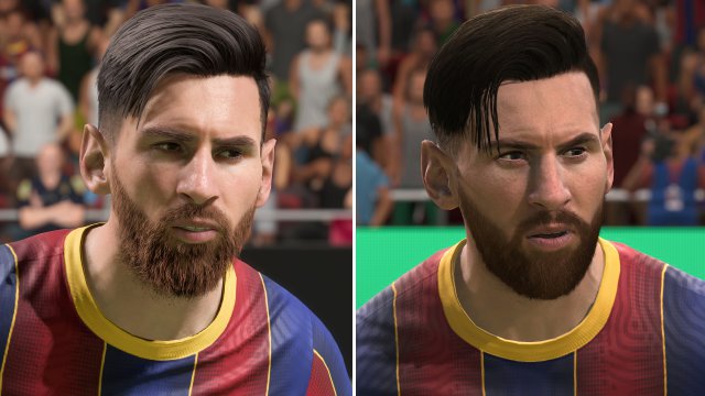 PS5 vs. PS4: Messi sieht auf der neuen Konsolengeneration (links) viel besser aus als auf der alten (rechts).