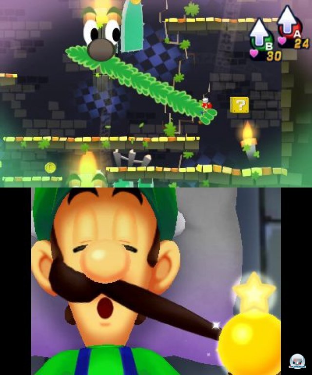 Mit Hilfe von Luigis Traum-Schnurrbart schleudert man Mario auf hhere Plattformen. Einfach unten zupfen und zu Mario ziehen.