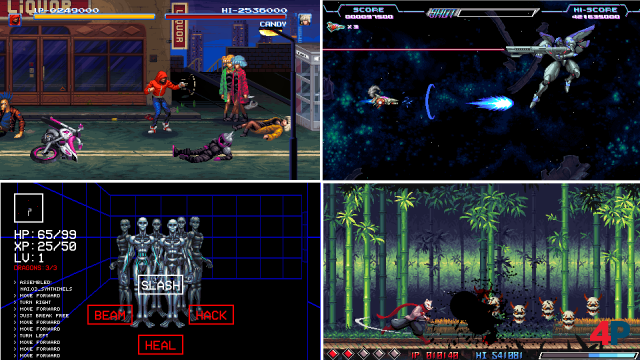 Von links oben im Uhrzeigersinn: die fiktiven Arcade-Oldies "Beating Heart", "Out of the Void", "Shadowplay" und "Kill Screen".