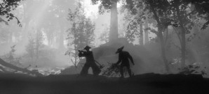 Samurai-K�mpfe in Schwarz-Wei�-Kulisse